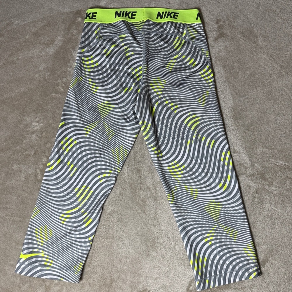 Nike Pro Dri-FIT Womens M Grey Neon Wave Print Cropped Leggings 856232-702
